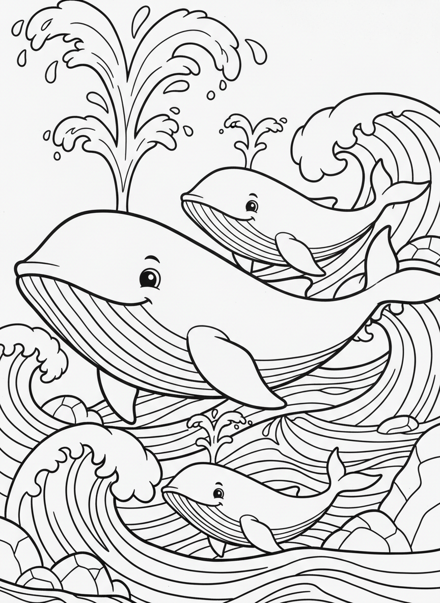 Coloring page showing exactly 4 friendly whales spouting water, different sizes from baby to adult, swimming in the same direction.