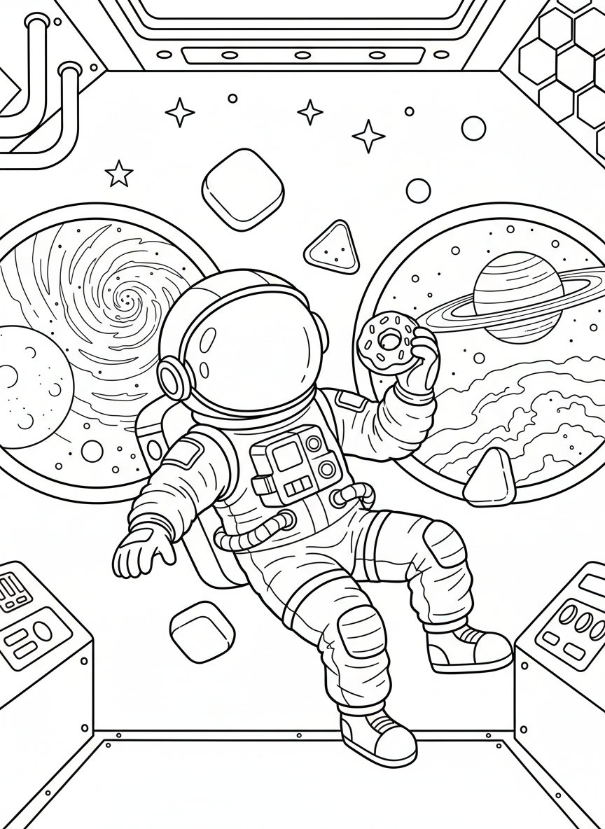 A cheerful astronaut eating floating food inside a spacecraft, with windows showing space views, fun zero-gravity moment