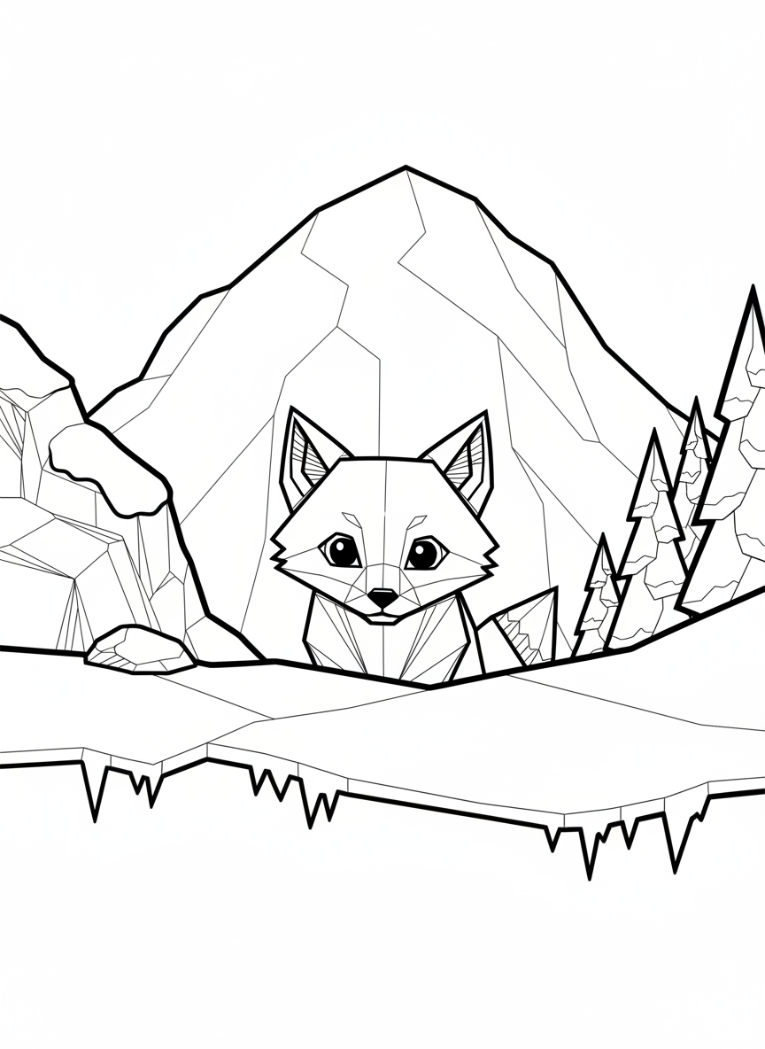 An origami arctic fox kit peeking out from behind geometric snow drifts, small cute fox with curious expression, angular background shapes