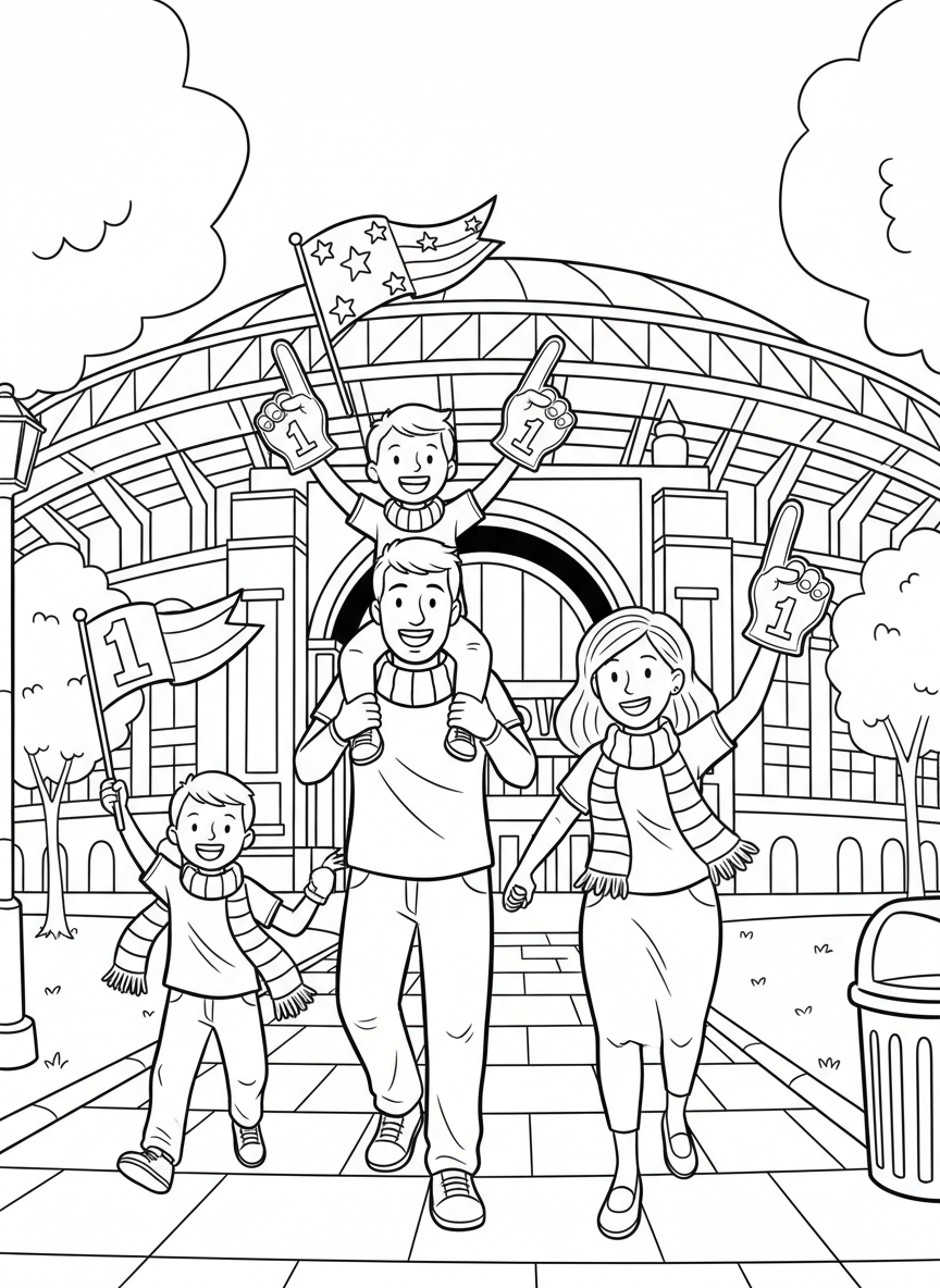 A family walking toward a stadium entrance carrying foam fingers, pennants, and wearing team scarves, excited for the season opener.