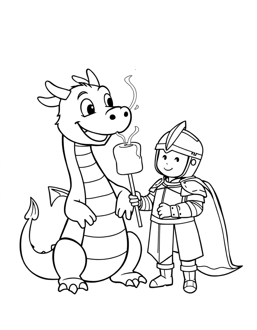 Marshmallow Toast: A happy dragon carefully using a tiny, controlled puff of smoke from its snout to toast a marshmallow on a stick held by a smiling little knight in armor.