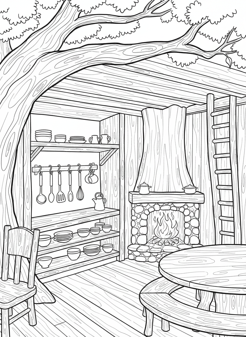 A detailed treehouse kitchen scene with open cupboards showing tiny dishes, utensils hanging on hooks, and a cozy fireplace.