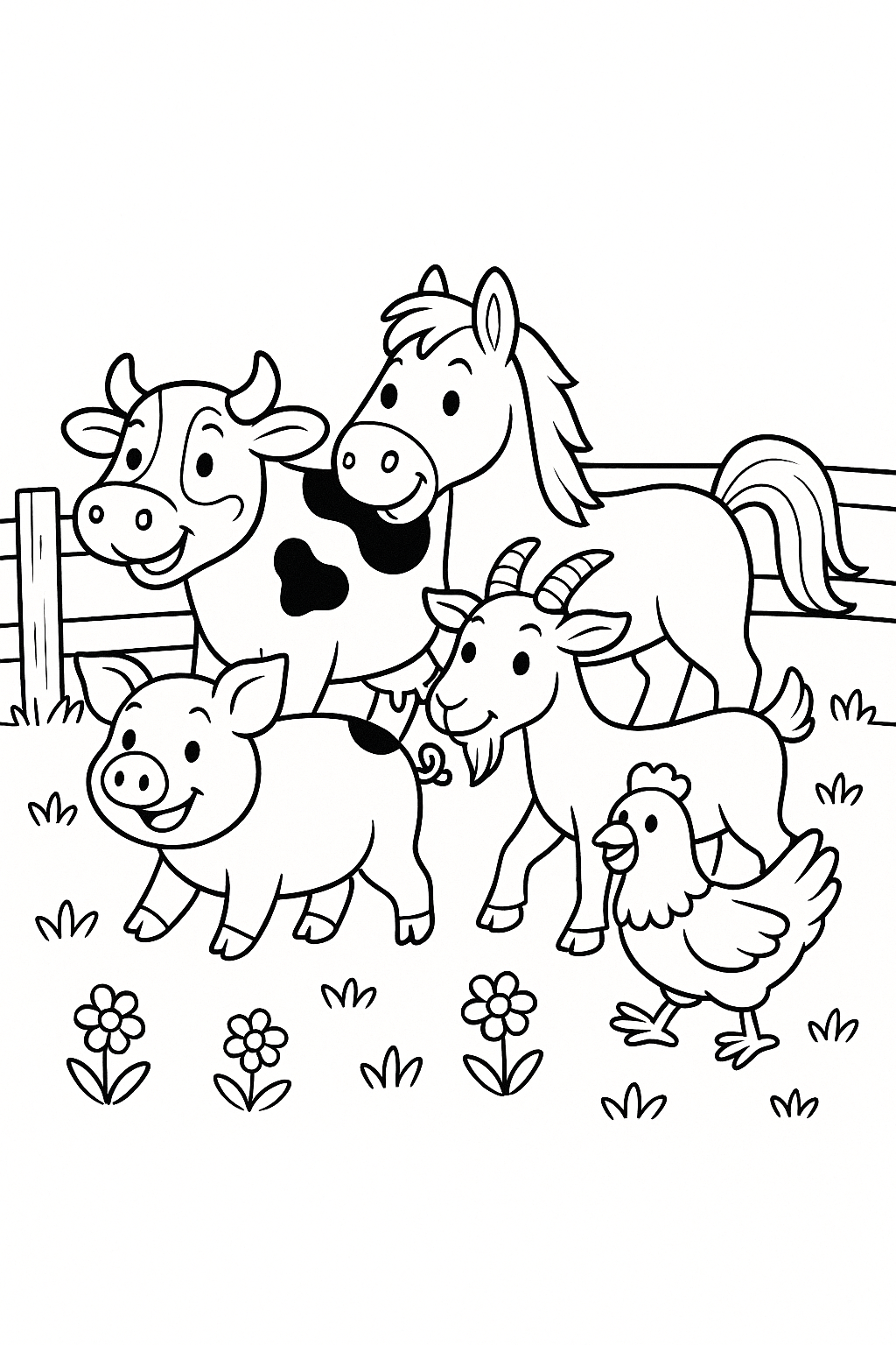 A friendly line of farm animals including a pig, cow, horse, goat, and chicken walking together, big happy faces, wooden fences around, grass and flowers below, and a fun children’s storybook style.
