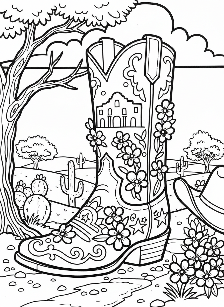 A Texas cowboy boot decorated with the Alamo and bluebonnet flowers, fun symbolic design with clear outlines for coloring.