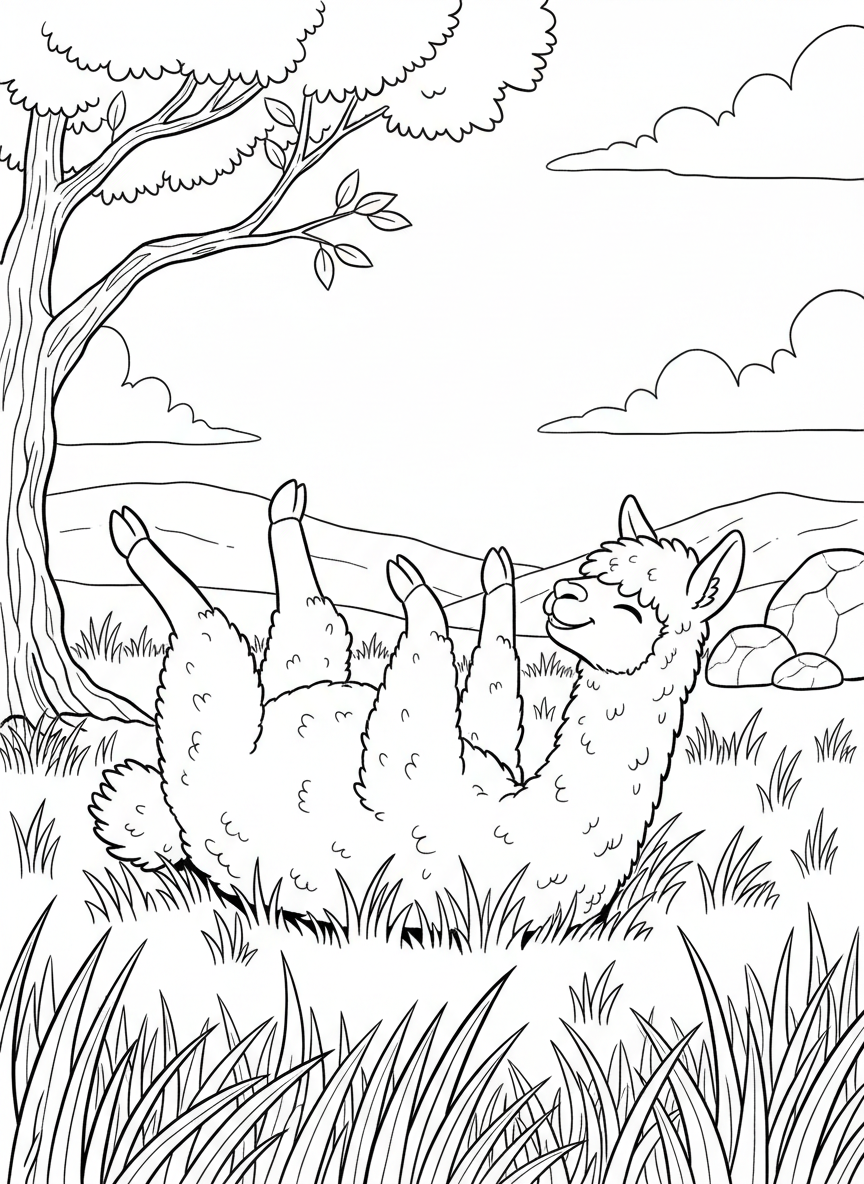An alpaca rolling in the grass on its back, legs up in the air, looking happy and carefree.