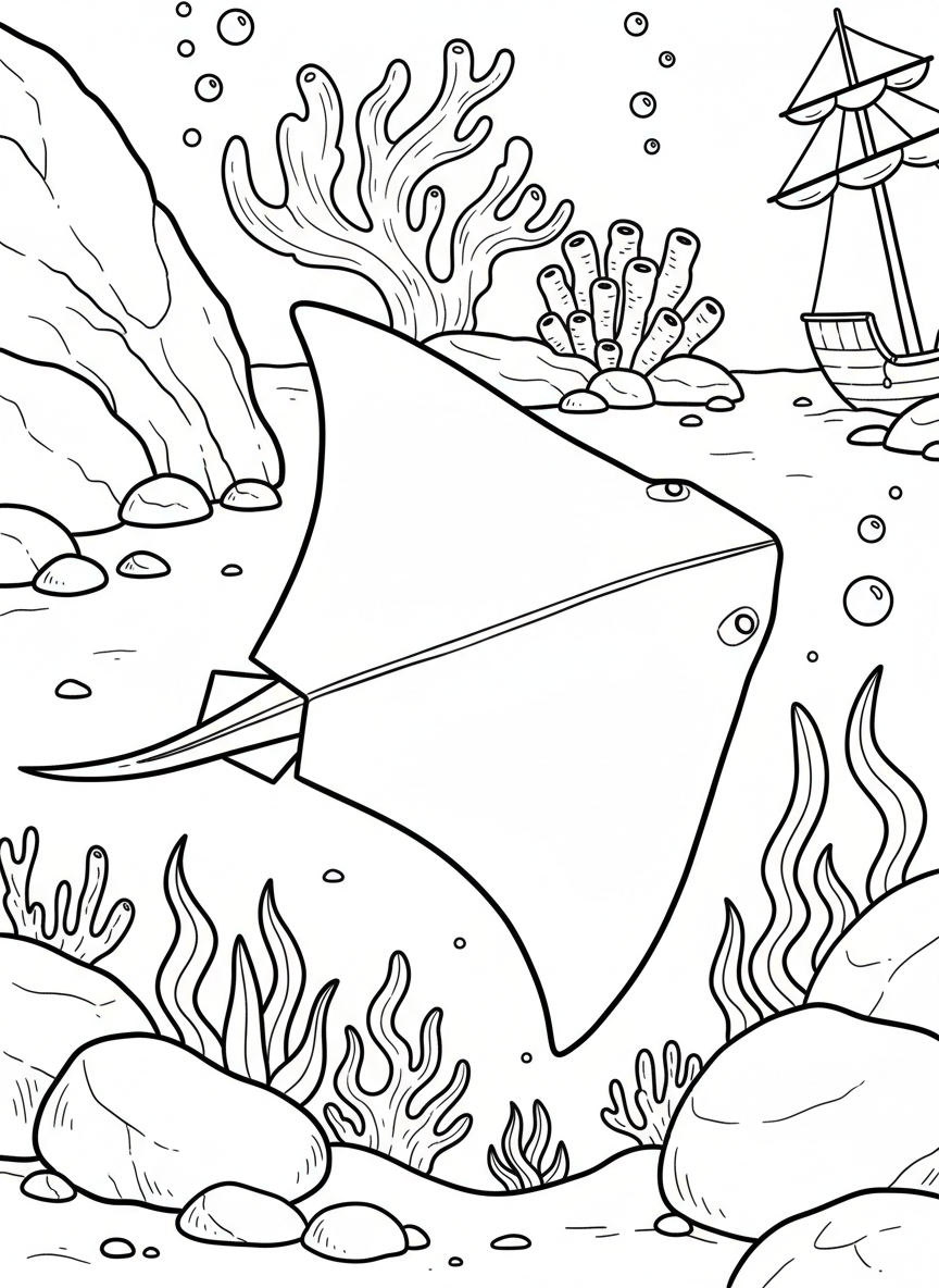 An origami stingray gliding along ocean floor, flat diamond shape with folded tail and smooth wing edges