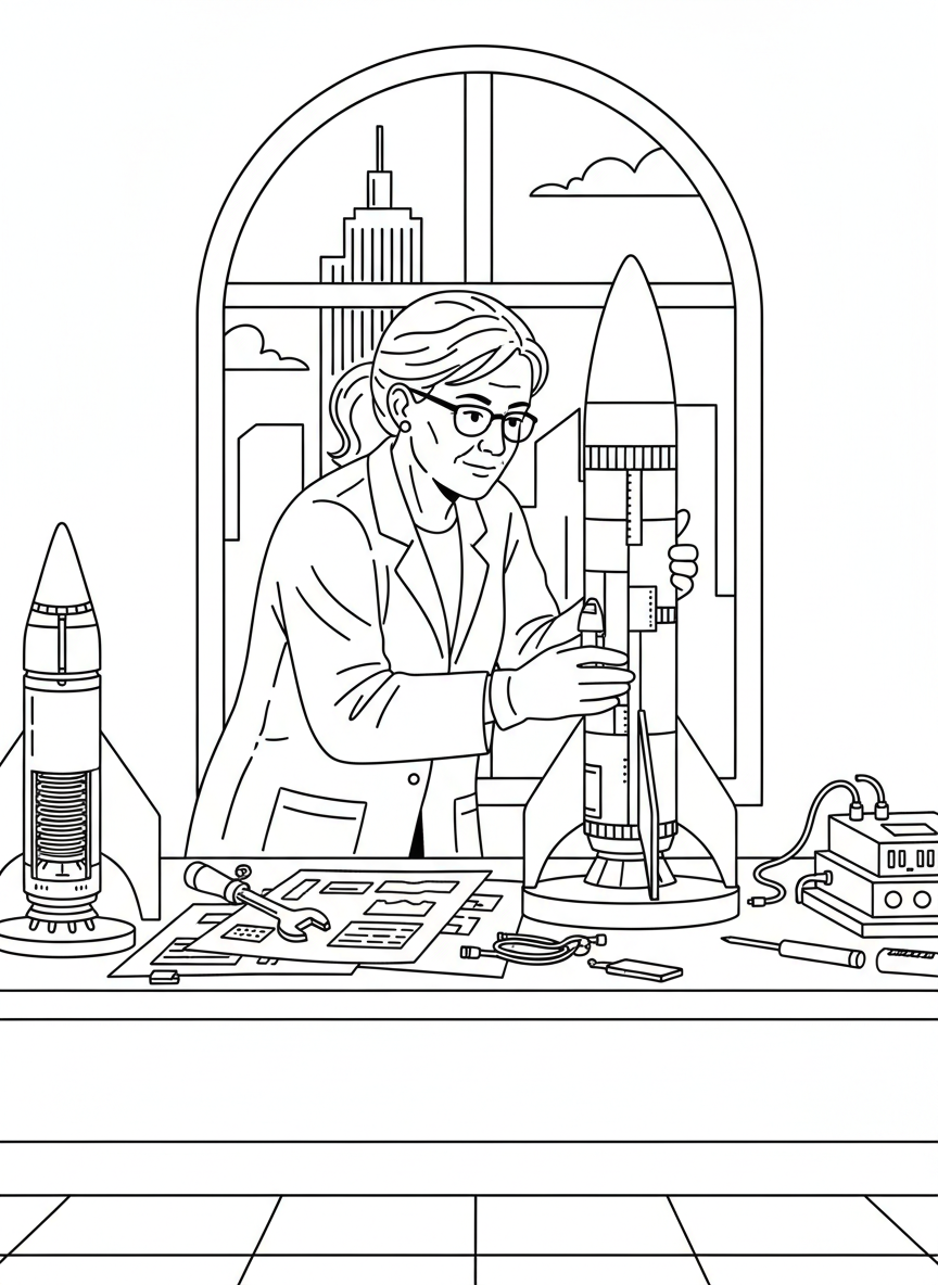 A rocket scientist in a lab coat examining a model rocket on a table with tools and blueprints nearby