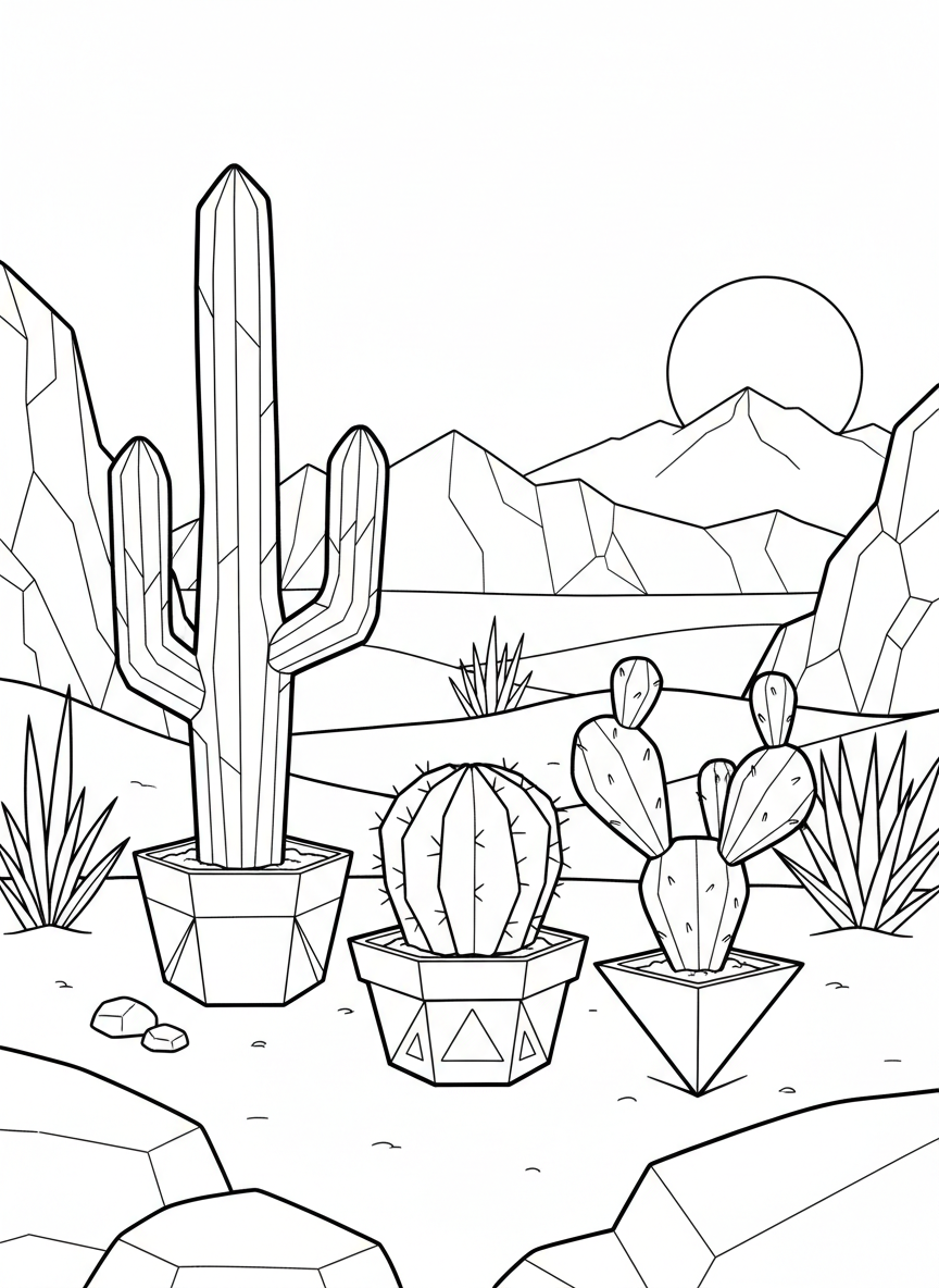 Three origami cacti of different heights in geometric pots, featuring angular shapes and simple fold lines, arranged as a desert garden scene.