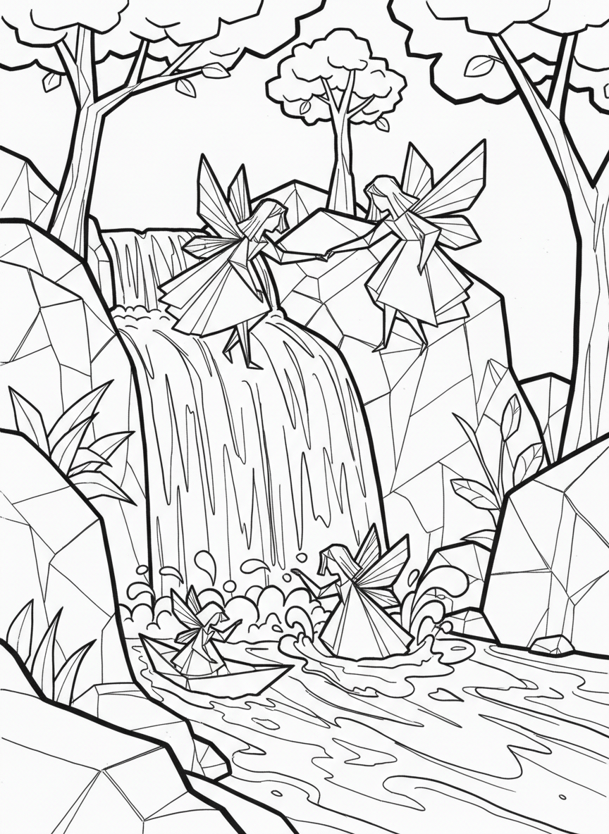 Three origami fairies of different sizes playing near a paper-folded waterfall with angular rocks and simple trees