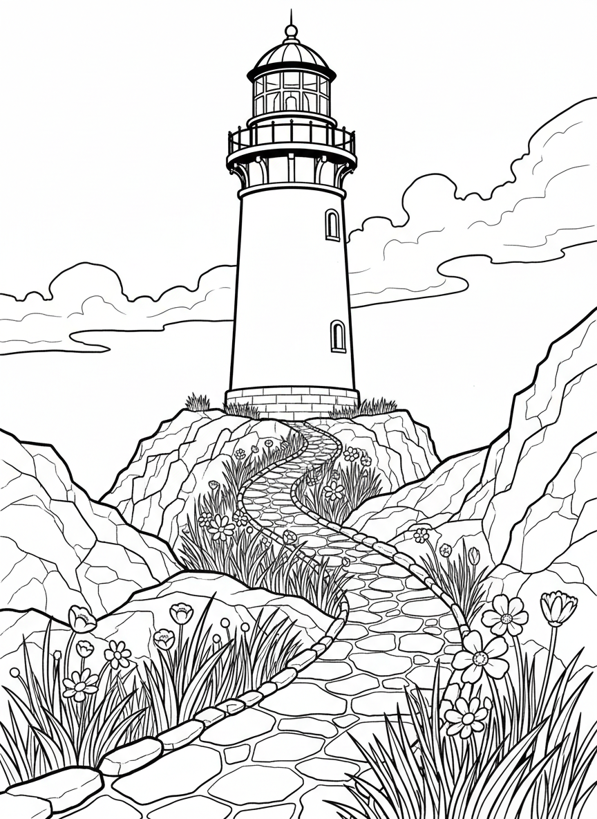 A lighthouse on jagged rocks with a winding path leading up to it, surrounded by wild coastal grasses and flowers