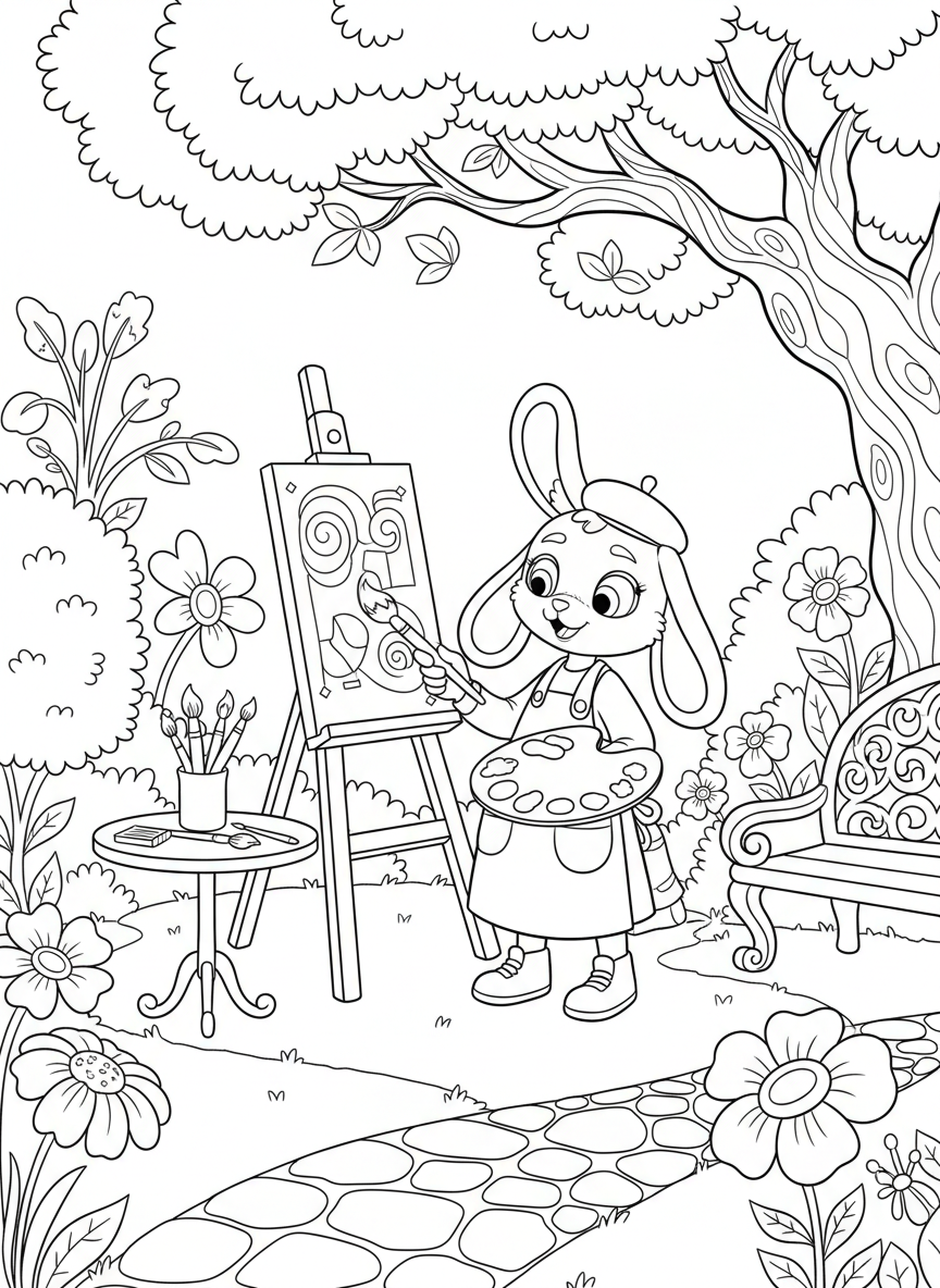 A playful character with oversized ears painting on an easel with paint brushes and palette, artistic theme coloring page