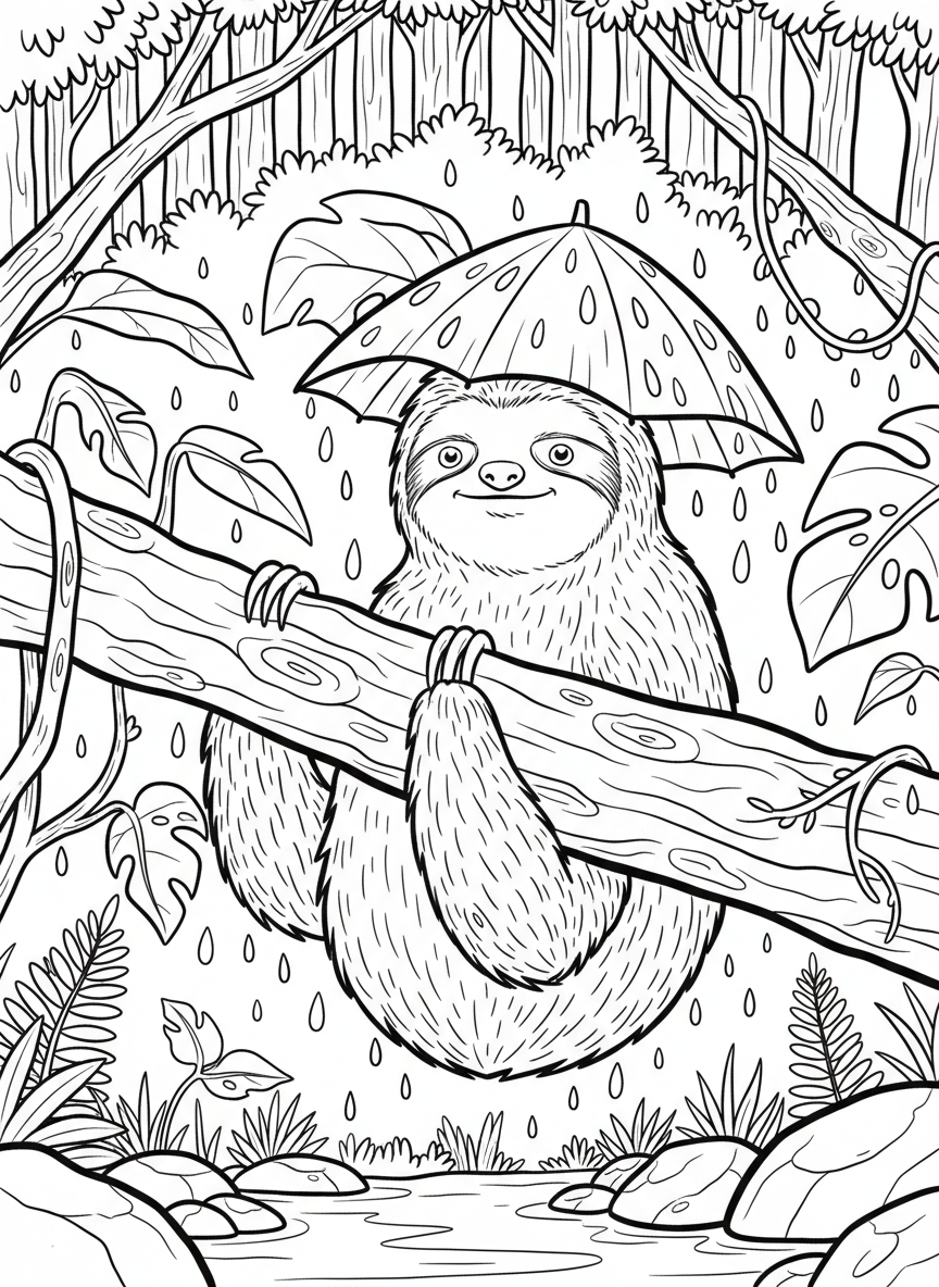 A sloth wearing a leaf hat for rain protection, hanging from a branch during a gentle rainforest shower with raindrops