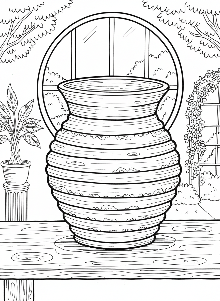 A simple coil pot showing the spiral coil technique, with textured surface and wide opening at the top.