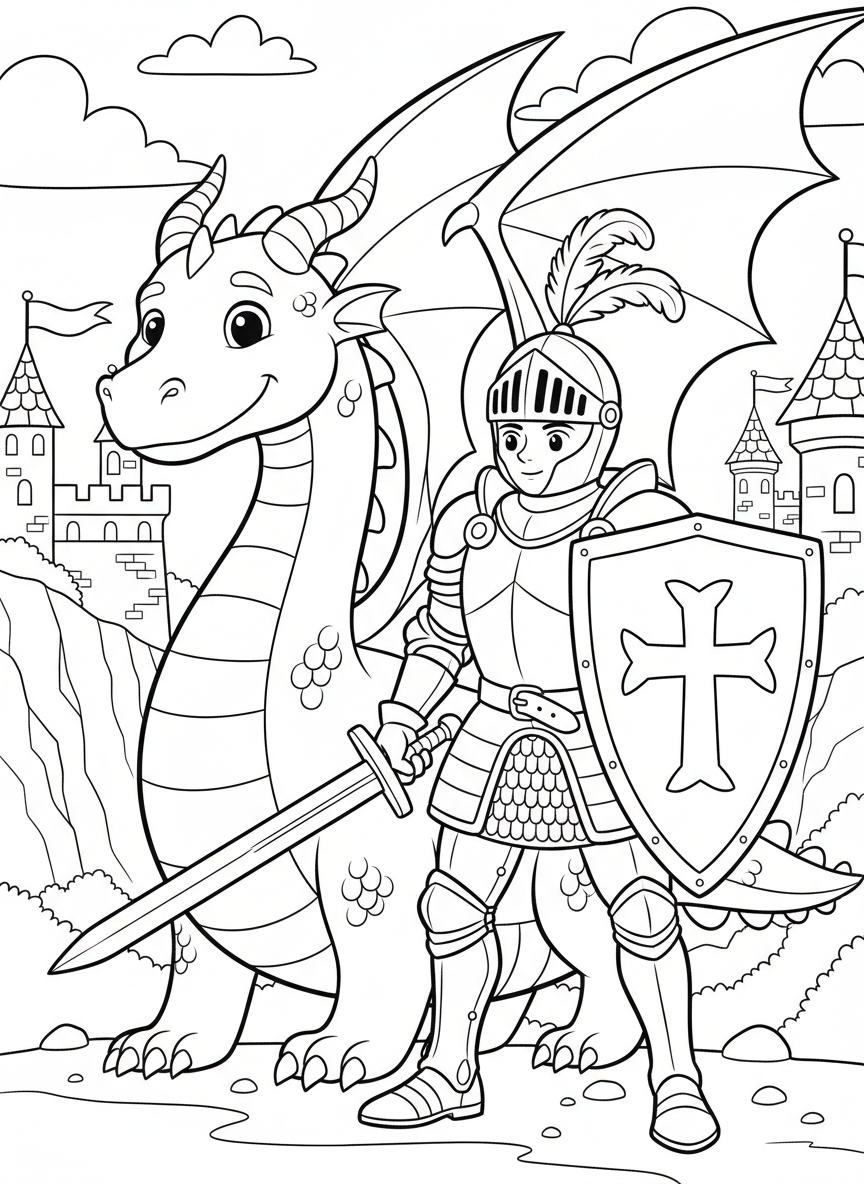 A brave knight in shining armor standing beside a friendly dragon in front of a castle, simple line art coloring page for kids