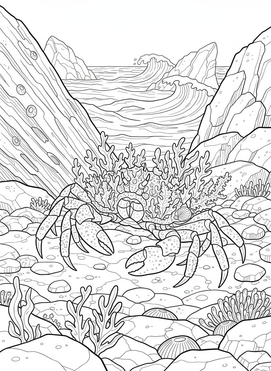 A decorator crab covered with bits of seaweed and small shells for camouflage, standing on a rocky surface, intricate details for advanced coloring.