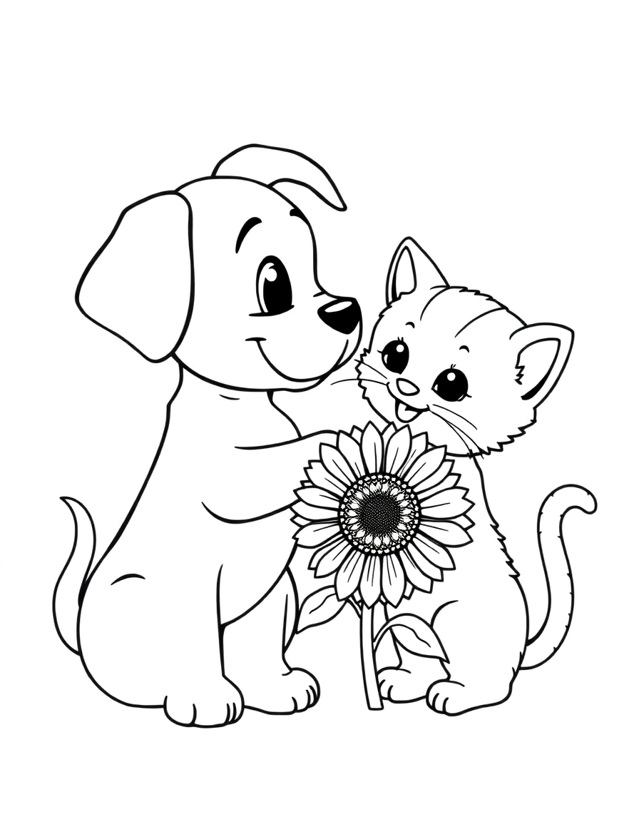 Flower Exchange: A puppy giving a sunflower to a kitten, both wagging their tails happily.