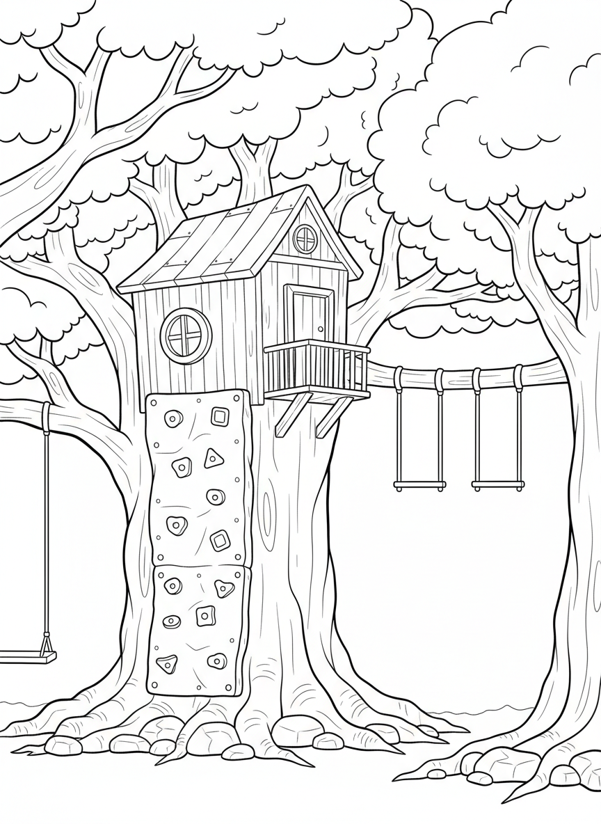 A treehouse with a colorful climbing wall panel, monkey bars extending to another tree, and a small balcony with railings.