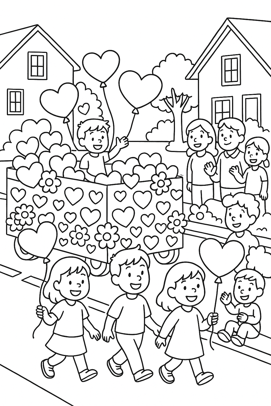 A joyful Valentine’s Day parade with children walking down a neighborhood street holding heart-shaped balloons, decorated floats covered in hearts and flowers, smiling families watching from sidewalks, festive and cheerful celebration of love