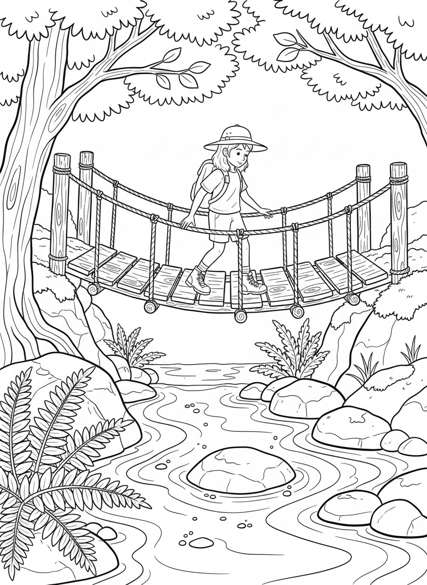 A young explorer crossing a wooden bridge over a babbling brook, with rocks and ferns visible below.