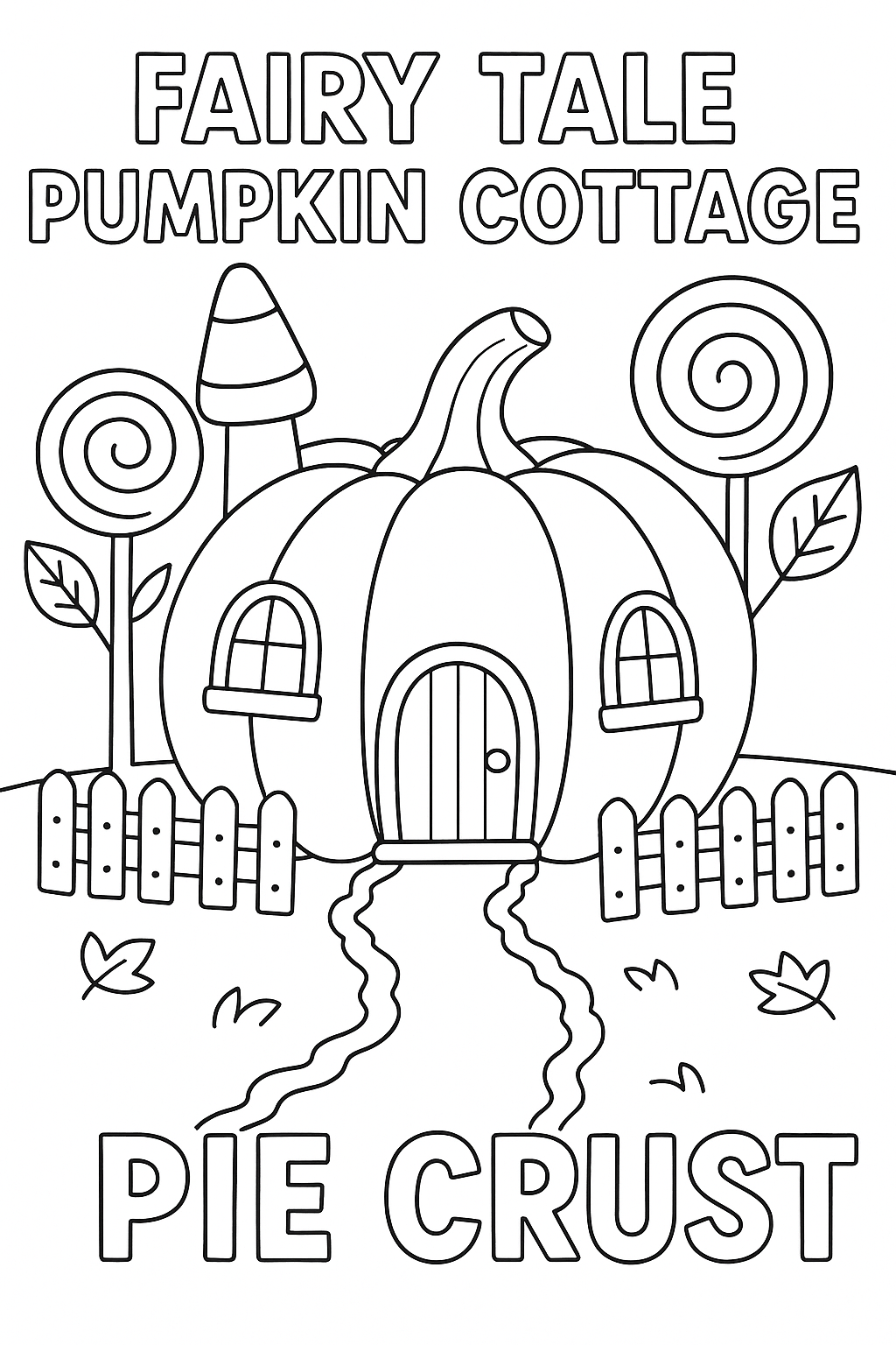 Fairy tale pumpkin cottage with candy corn chimney, gingerbread fence, lollipop trees with autumn colors, path made of pie crust leading to front door