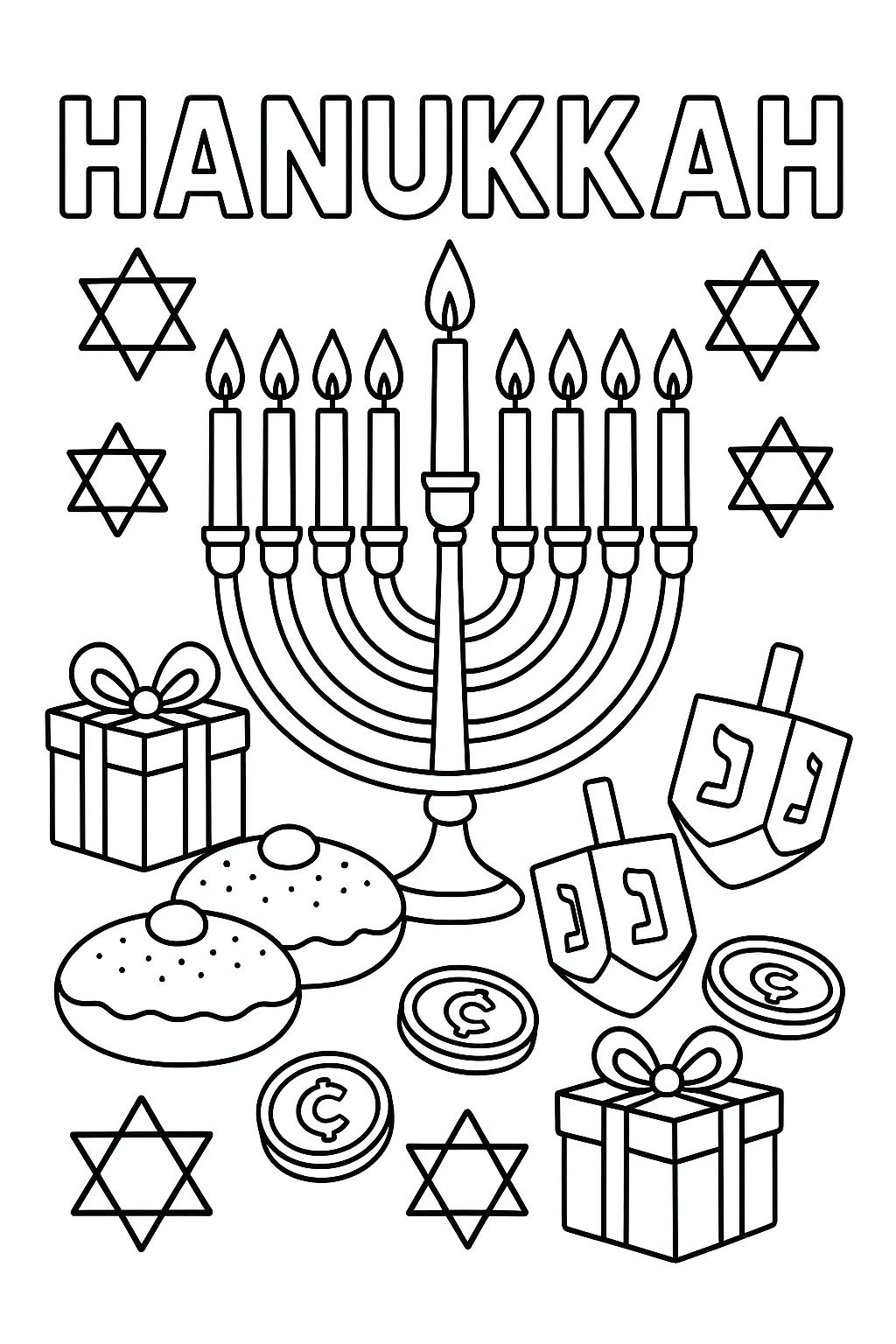 Hanukkah coloring page: menorah with nine candles, dreidels with Hebrew letters, Star of David patterns, gelt coins, sufganiyot donuts, gift boxes, thick black outlines only, traditional Jewish holiday symbols