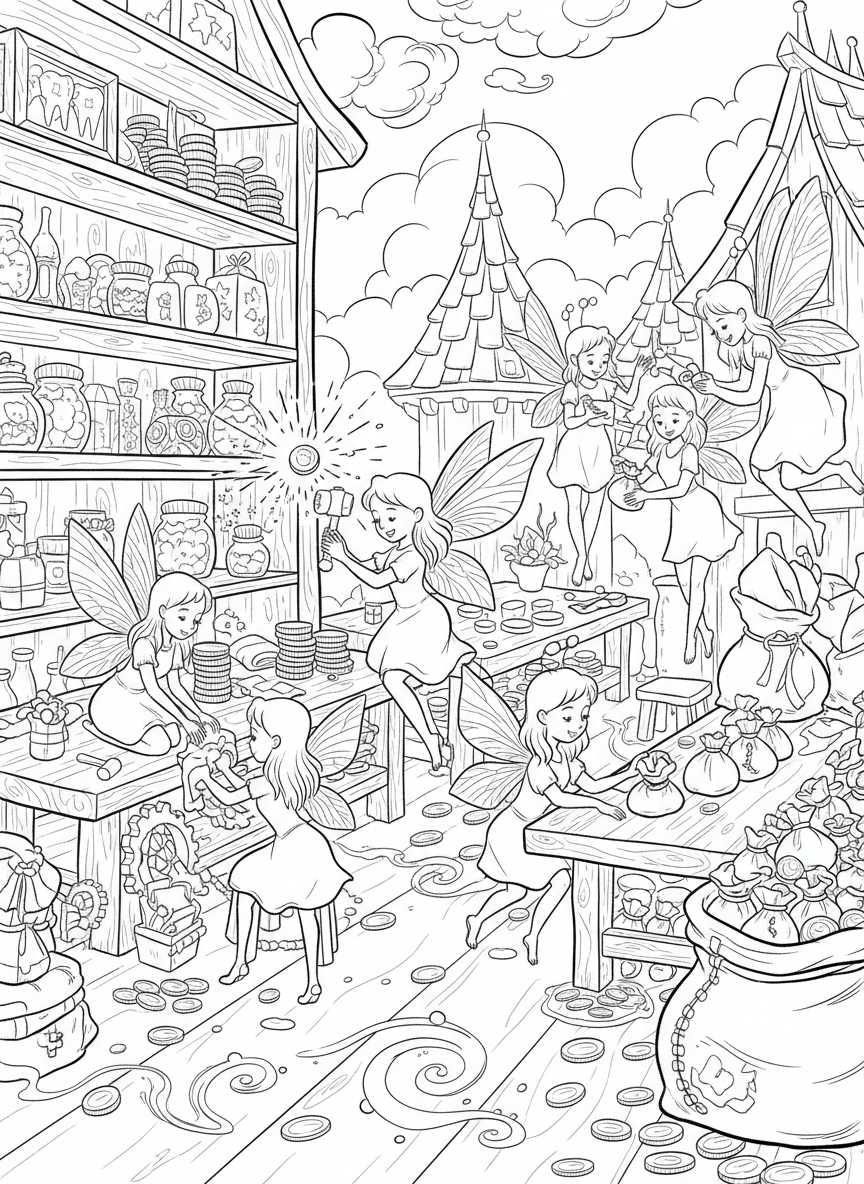 A tooth fairy workshop where fairies craft coins and prepare for their nightly visits, with shelves and workbenches