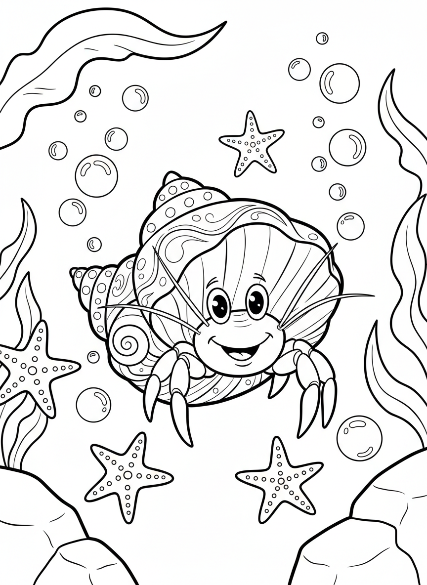 A cheerful hermit crab peeking out from a decorated conch shell, surrounded by small starfish and bubbles.