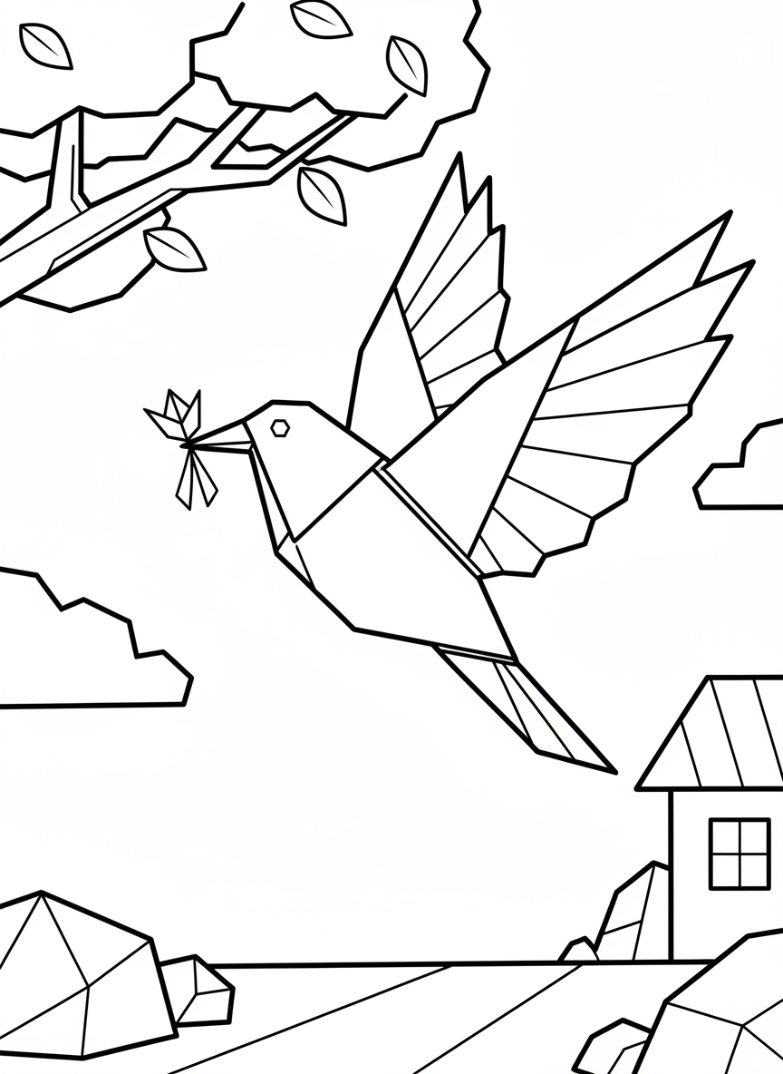 An origami bluebird carrying a small ribbon or flower in its beak, shown in mid-flight with wings angled upward.
