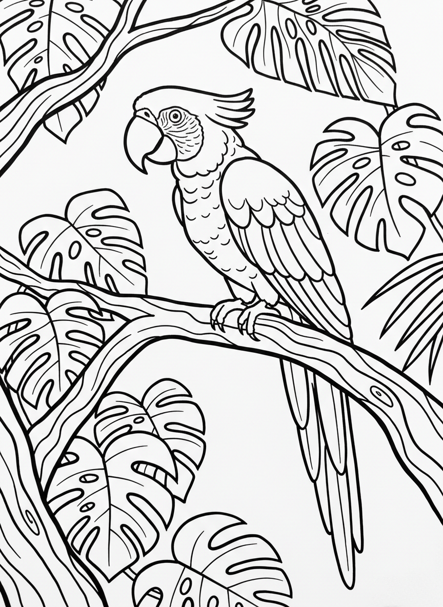 A colorful parrot perched on a tropical branch with large jungle leaves in the background