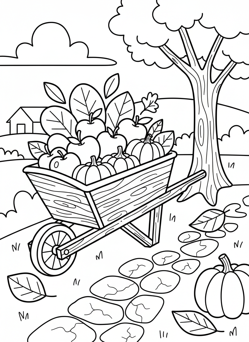 A cozy autumn scene with a wooden wheelbarrow overflowing with colorful fall leaves, apples, and small pumpkins.