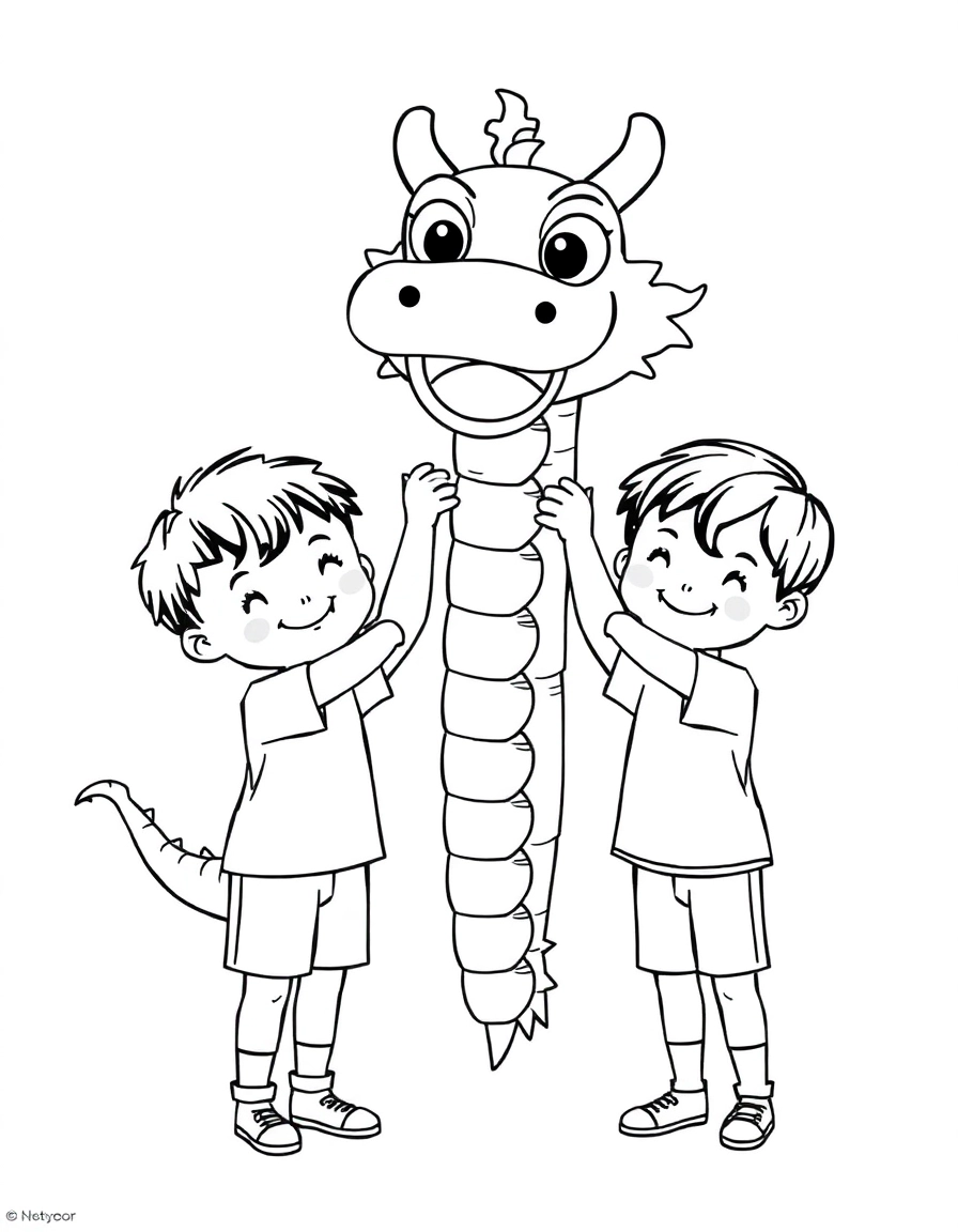 Dragon Dance: Two happy kids holding up a long, puppet dragon costume with big eyes and a wavy body.