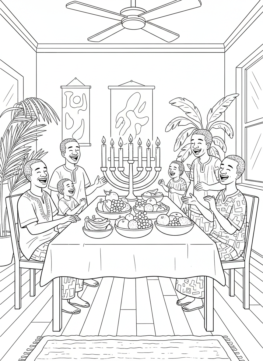 A family gathering around a table set for Karamu feast, with bowls of fruit, the Kinara lit, and happy faces celebrating together.