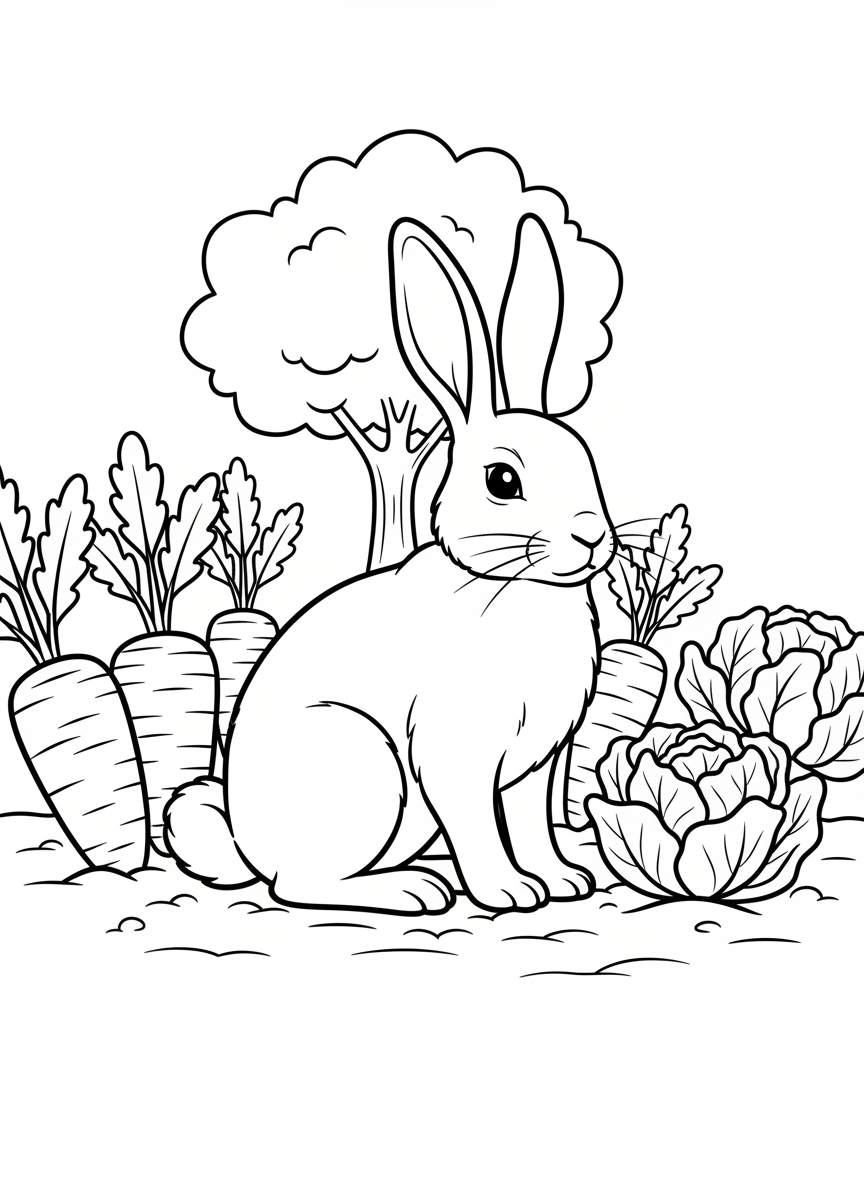A rabbit sitting in a garden surrounded by carrots and lettuce, with long ears and fluffy tail clearly outlined.