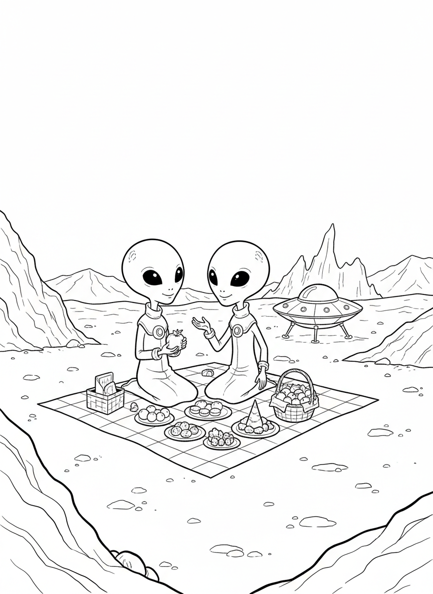 Two friendly aliens having a picnic on Mars with a small flying saucer parked nearby, Martian rocks and hills in the background