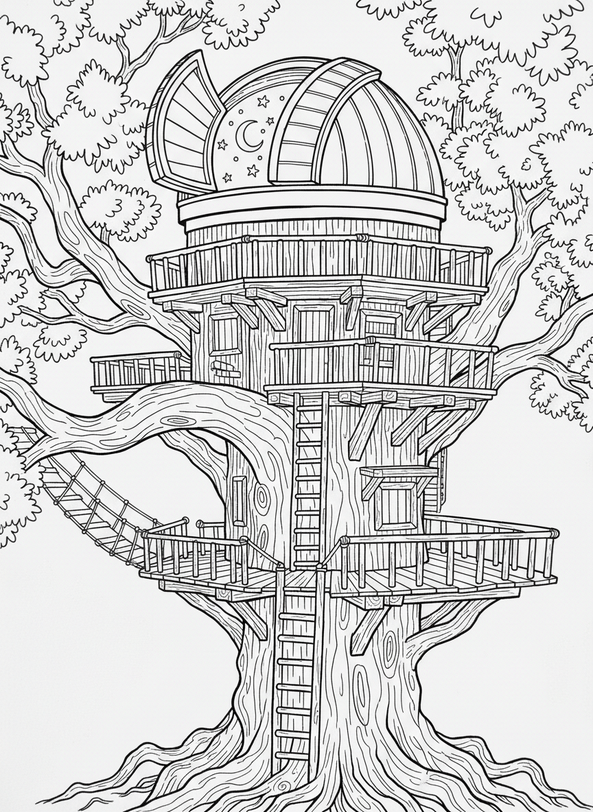 A treehouse built around a tall oak tree with a domed observatory roof that opens up, revealing the starry night sky above.