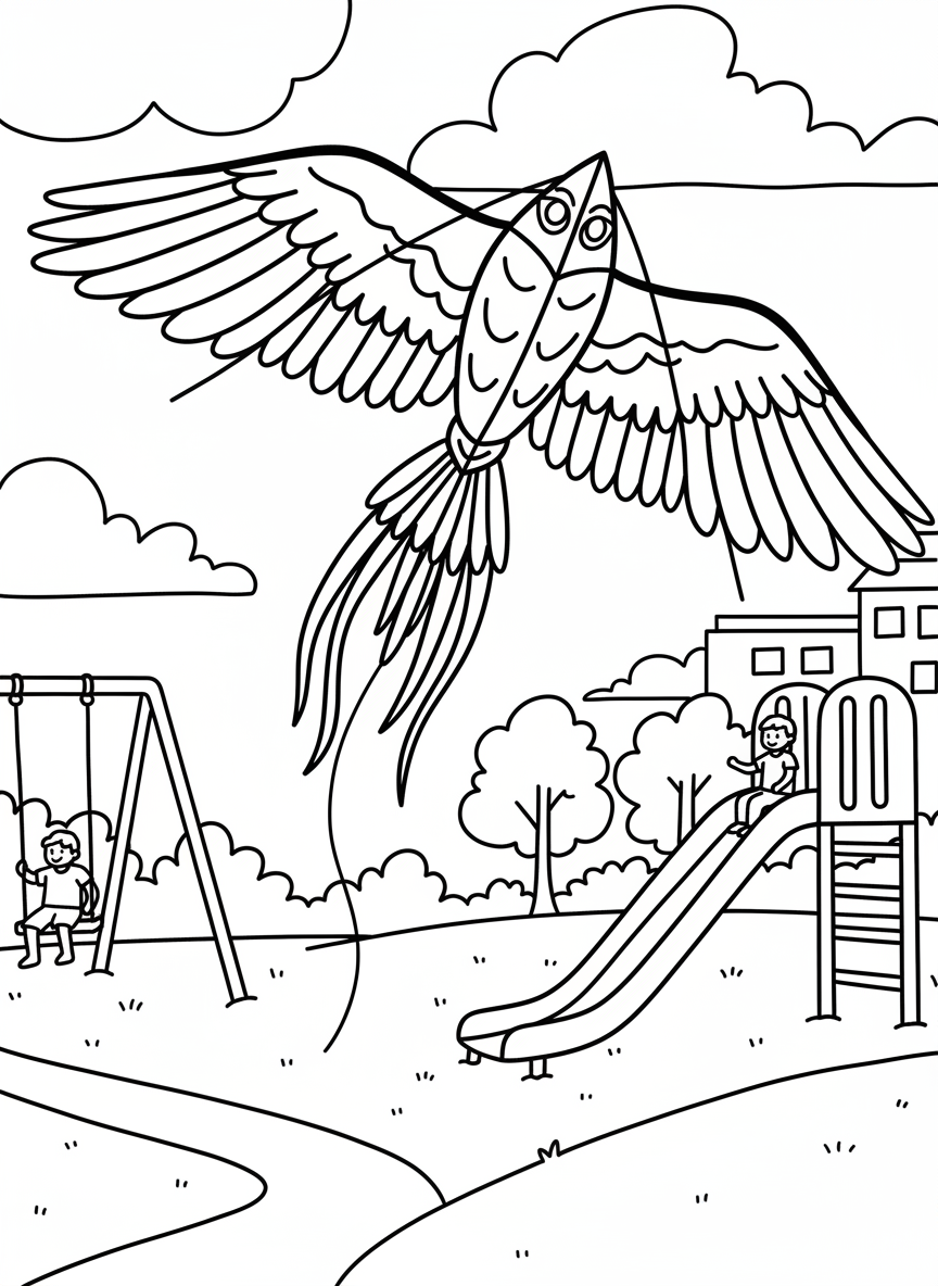 A bird-shaped kite with spread wings and tail feathers, detailed feather patterns, flying above a playground with swings and slides below.