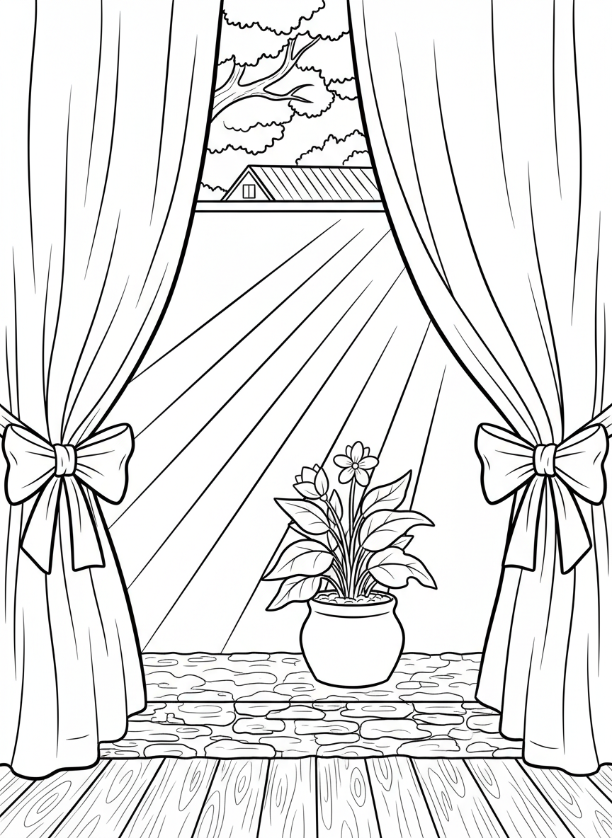 A window with flowing curtains tied back with ribbons, a potted plant on the windowsill, and sunlight streaming in