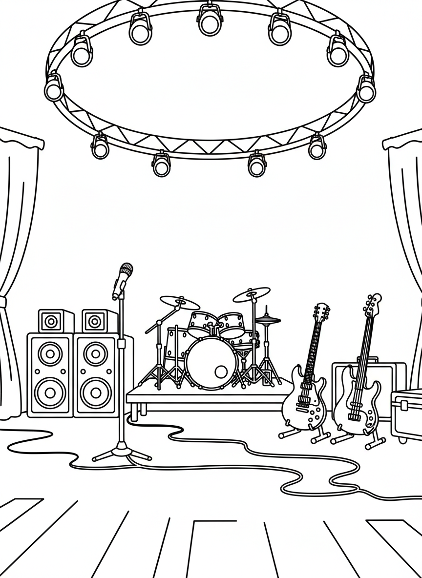 A music stage scene with microphones, speakers, and musical instruments including guitars and drums ready for a performance.