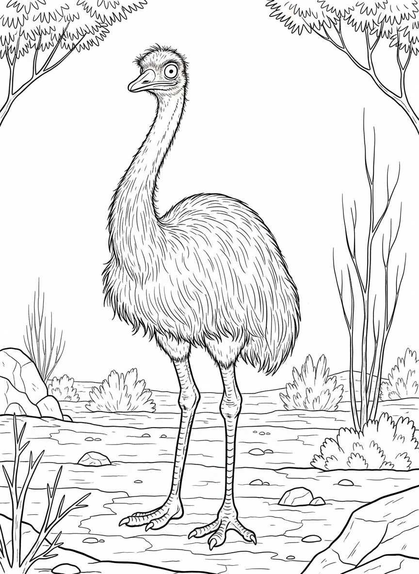 An emu standing tall with fluffy feathers and long neck, curious expression, simple outback background with bushes.