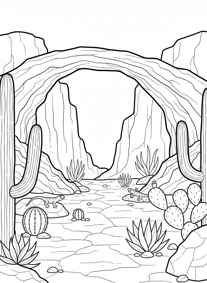 A natural stone arch formation in a desert setting, with cacti and small desert animals like lizards nearby, clear outlines for coloring.