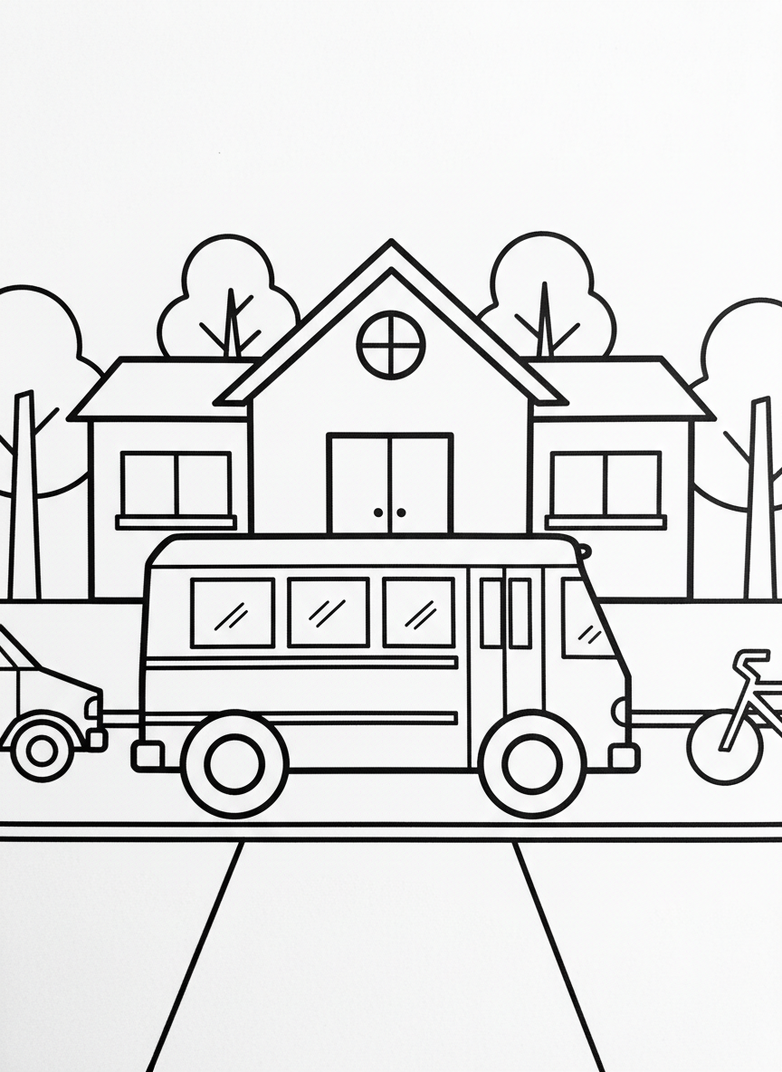 An origami school bus with rectangular windows and wheels, parked in front of a simple schoolhouse with trees.