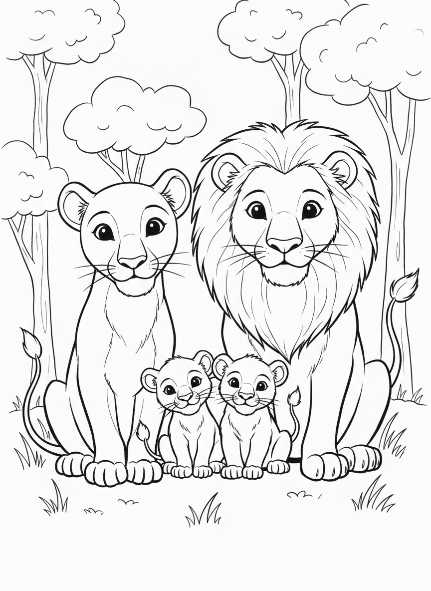 A lion family group with two cubs and parents, all with friendly faces, sitting together in simple grass, heartwarming scene