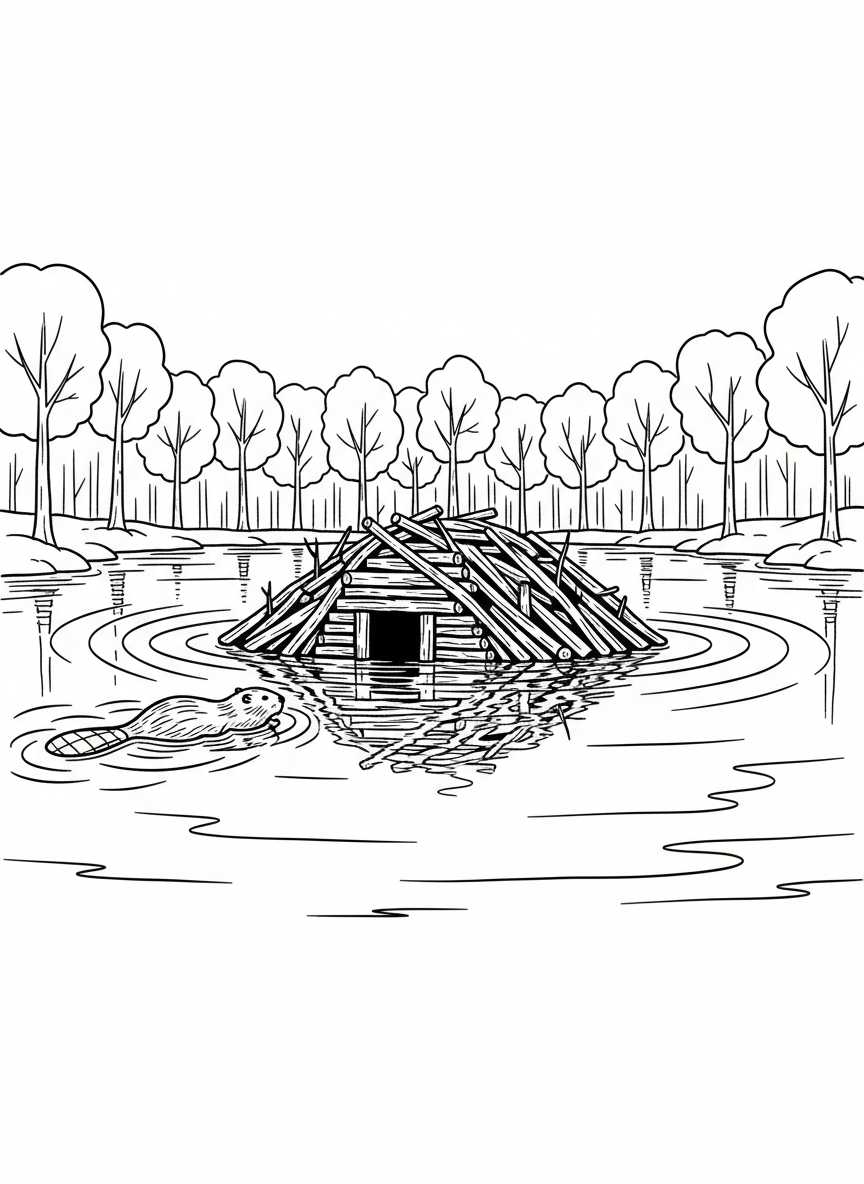 A beaver lodge in the middle of a pond with a beaver swimming toward it, ripples in the water, trees on the shore