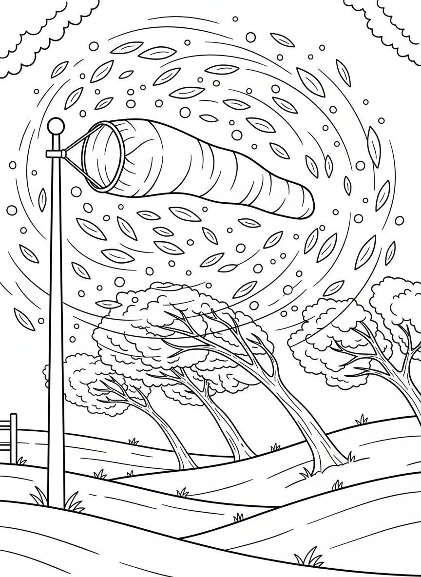 A windsock blowing strongly in the wind next to trees bending, leaves swirling in the air, demonstrating windy weather.