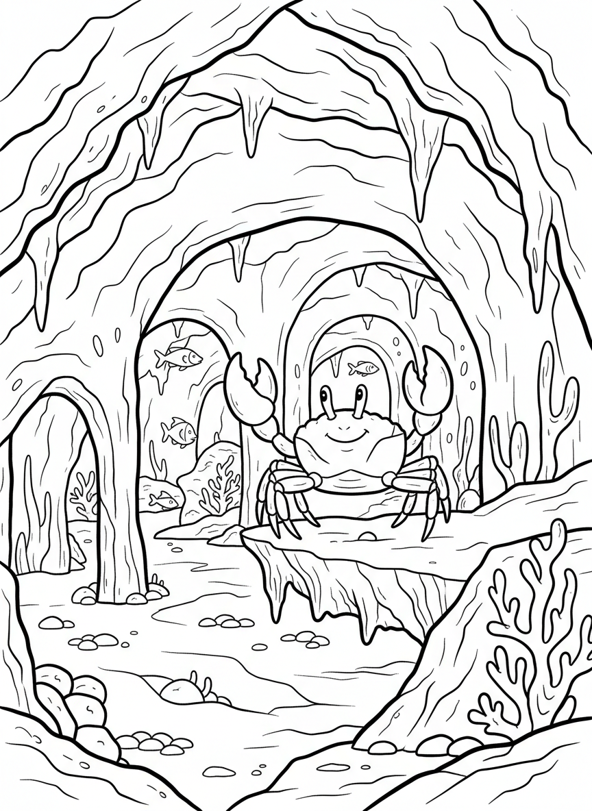 An underwater cave scene showing multiple chambers connected by arches, with a friendly crab waving from a rocky ledge