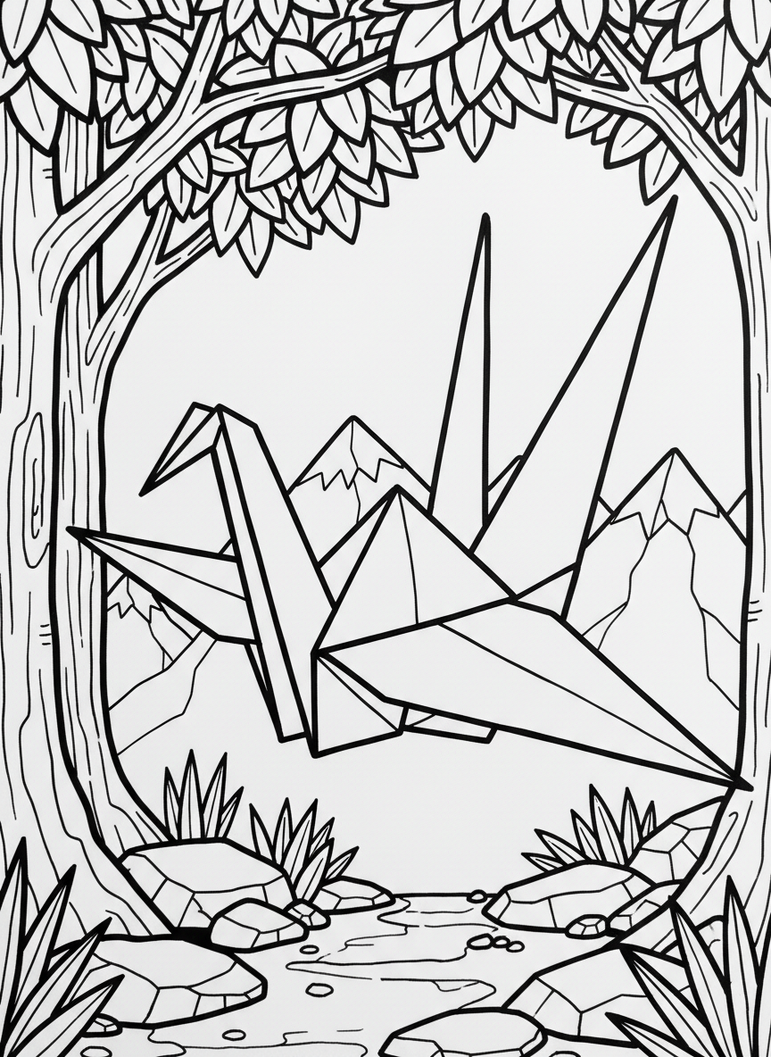 A simple origami paper crane with clean angular folds and geometric wings, shown from the side with visible fold lines and triangular shapes.