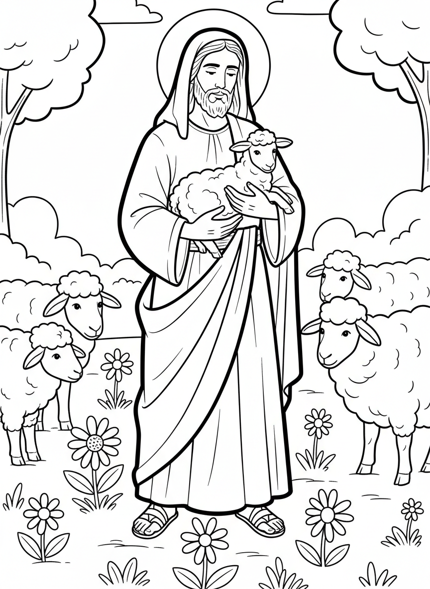 Jesus as the Good Shepherd holding a lamb, surrounded by several sheep in a peaceful meadow with flowers
