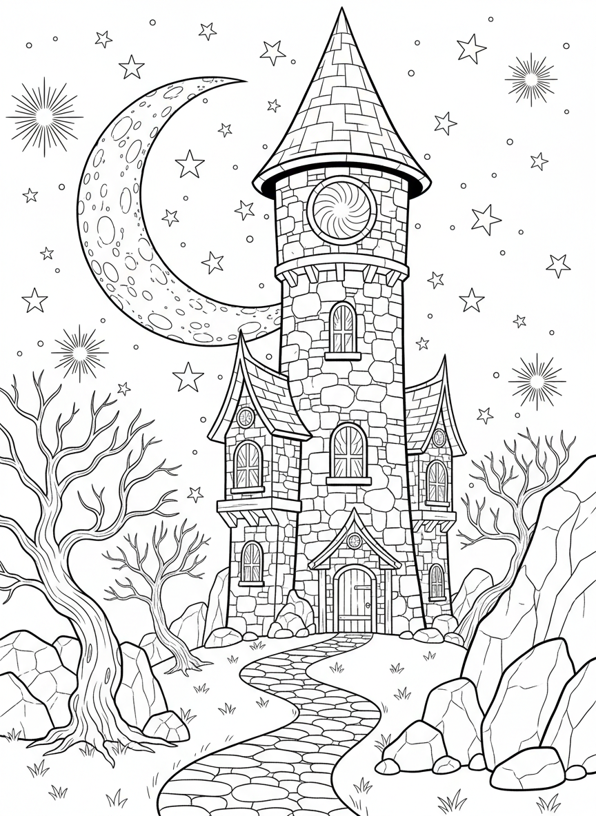 A wizard's tower with a pointed roof and glowing windows, surrounded by stars, crescent moon, and magical sparkles in the night sky.