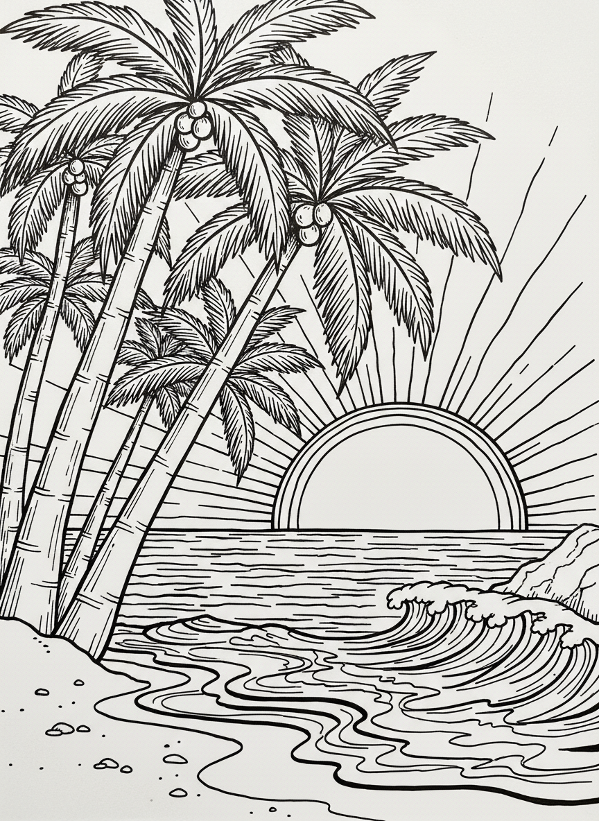A sunset island scene with palm trees silhouetted against the sky while gentle waves roll onto the beach.