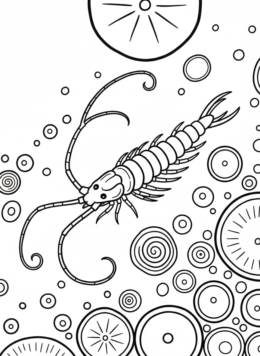 Simple illustration of a copepod with large antennae drifting in water, surrounded by basic circular plankton shapes.